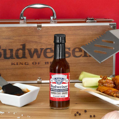 Budweiser Beer BBQ Grilling Classics 4 pc. Set w/ Tools, Sauce, Wood Case