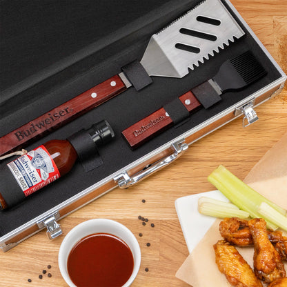 Budweiser Beer BBQ Grilling Classics 4 pc. Set w/ Tools, Sauce, Wood Case