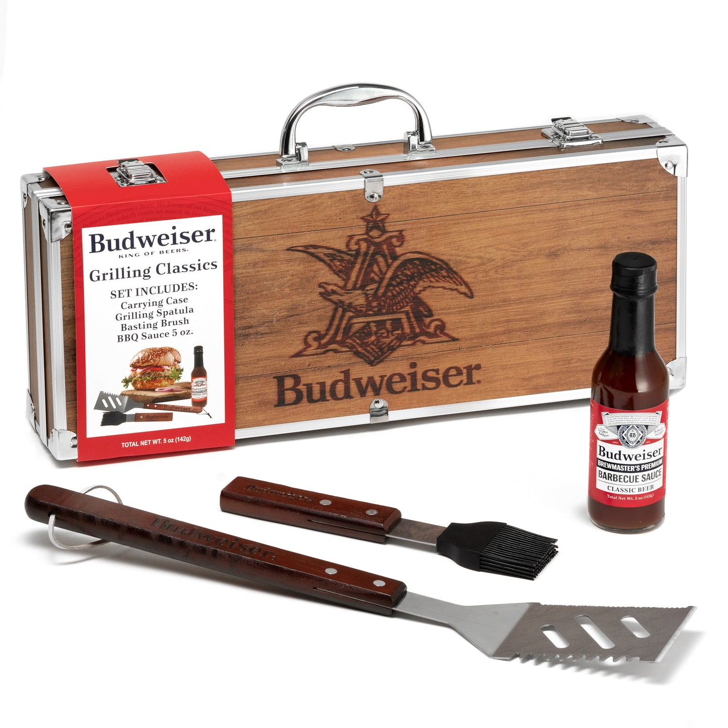 Budweiser Beer BBQ Grilling Classics 4 pc. Set w/ Tools, Sauce, Wood Case