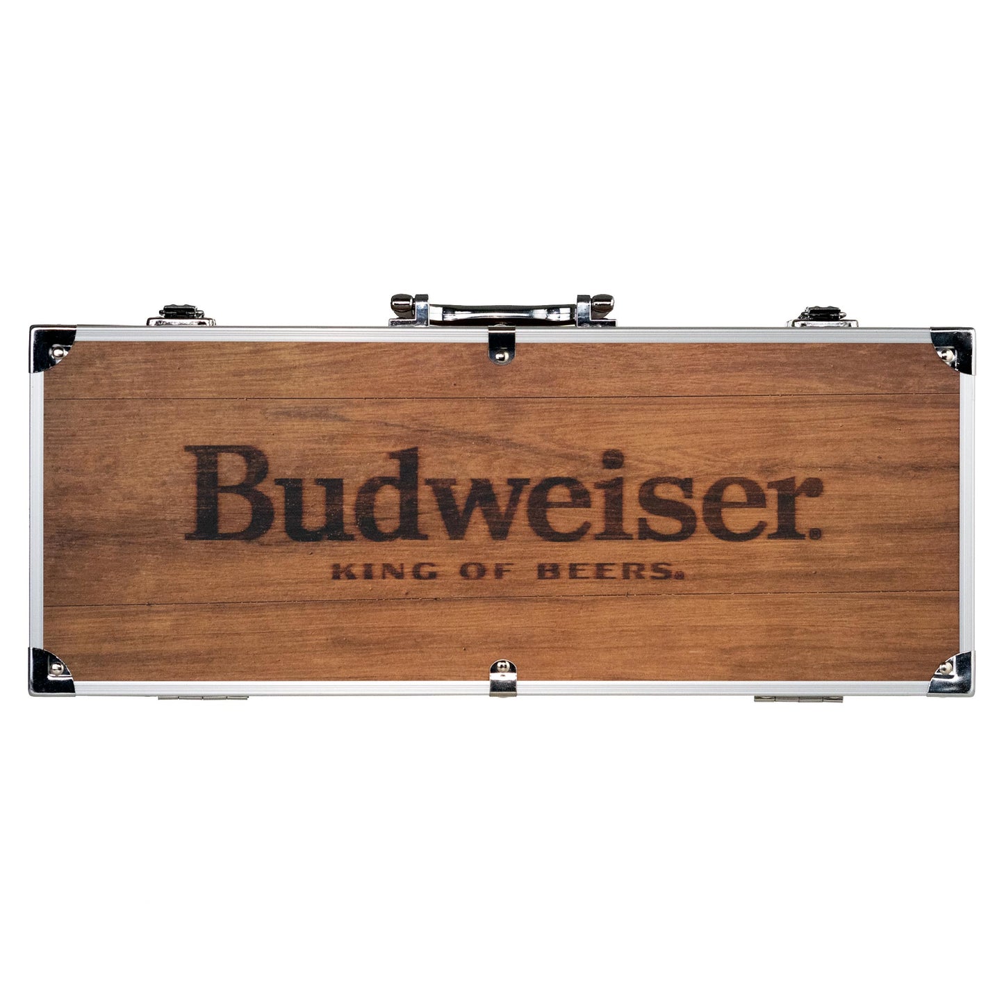 Budweiser Beer BBQ Grilling Classics 4 pc. Set w/ Tools, Sauce, Wood Case