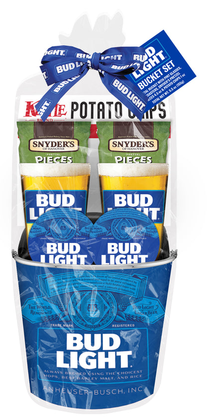 Bud Light Beer Lover's 8 Pc. Bucket Gift Set w/ Pint Glasses and Snacks