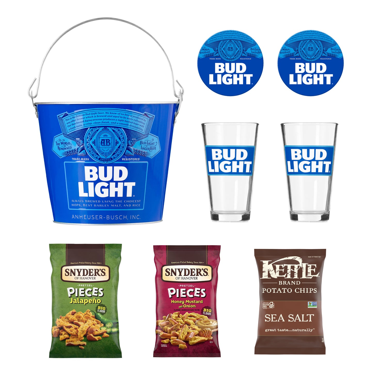 Bud Light Beer Lover's 8 Pc. Bucket Gift Set w/ Pint Glasses and Snacks