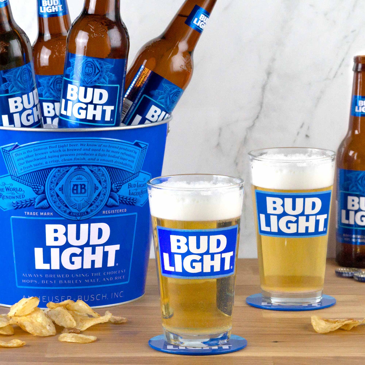 Bud Light Beer Lover's 8 Pc. Bucket Gift Set w/ Pint Glasses and Snacks