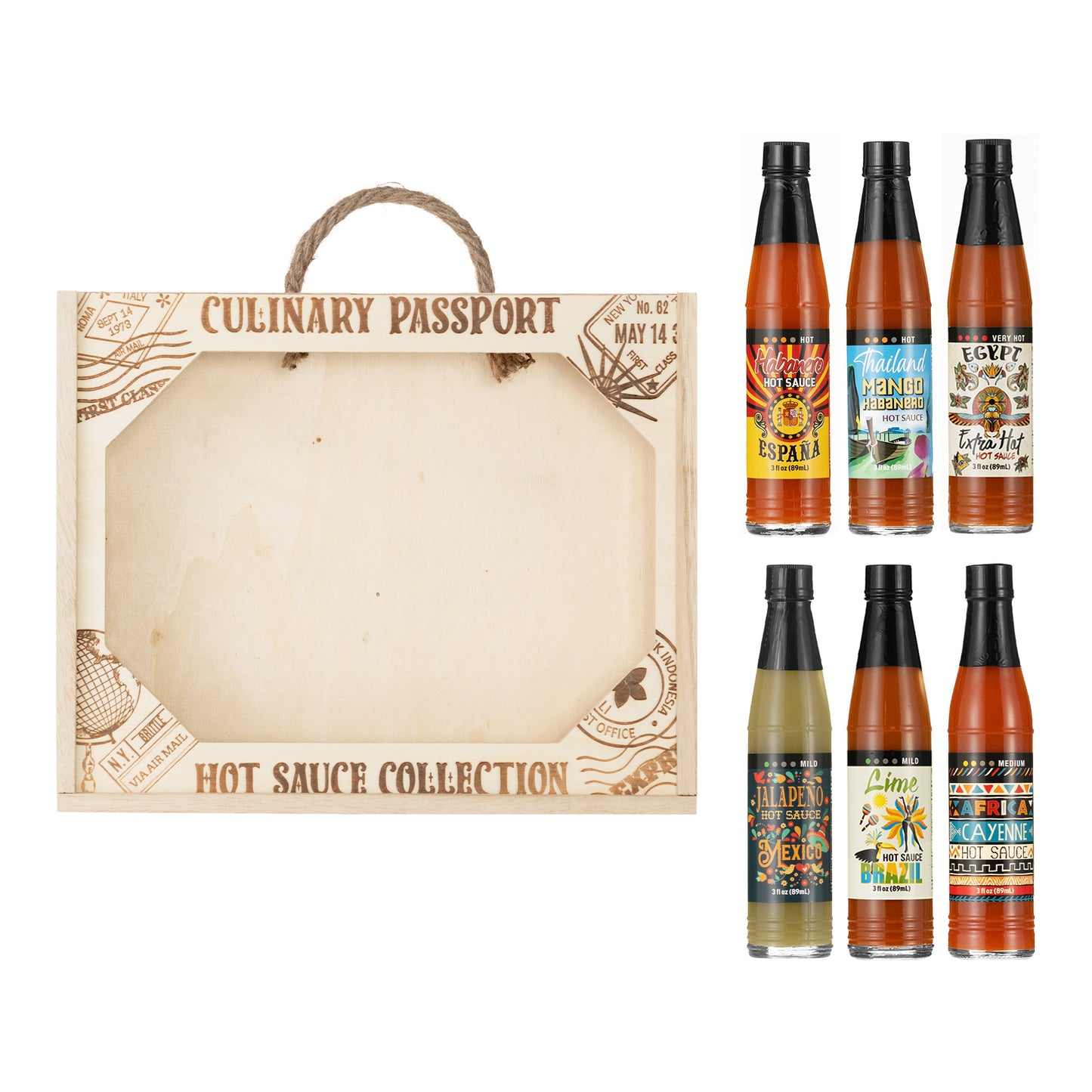 Culinary Passport Wooden Crate Hot Sauce Set of 6 Collection, 18 fl oz