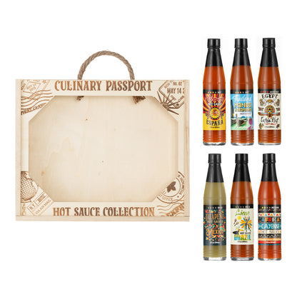 Culinary Passport Wooden Crate Hot Sauce Set of 6 Collection, 18 fl oz