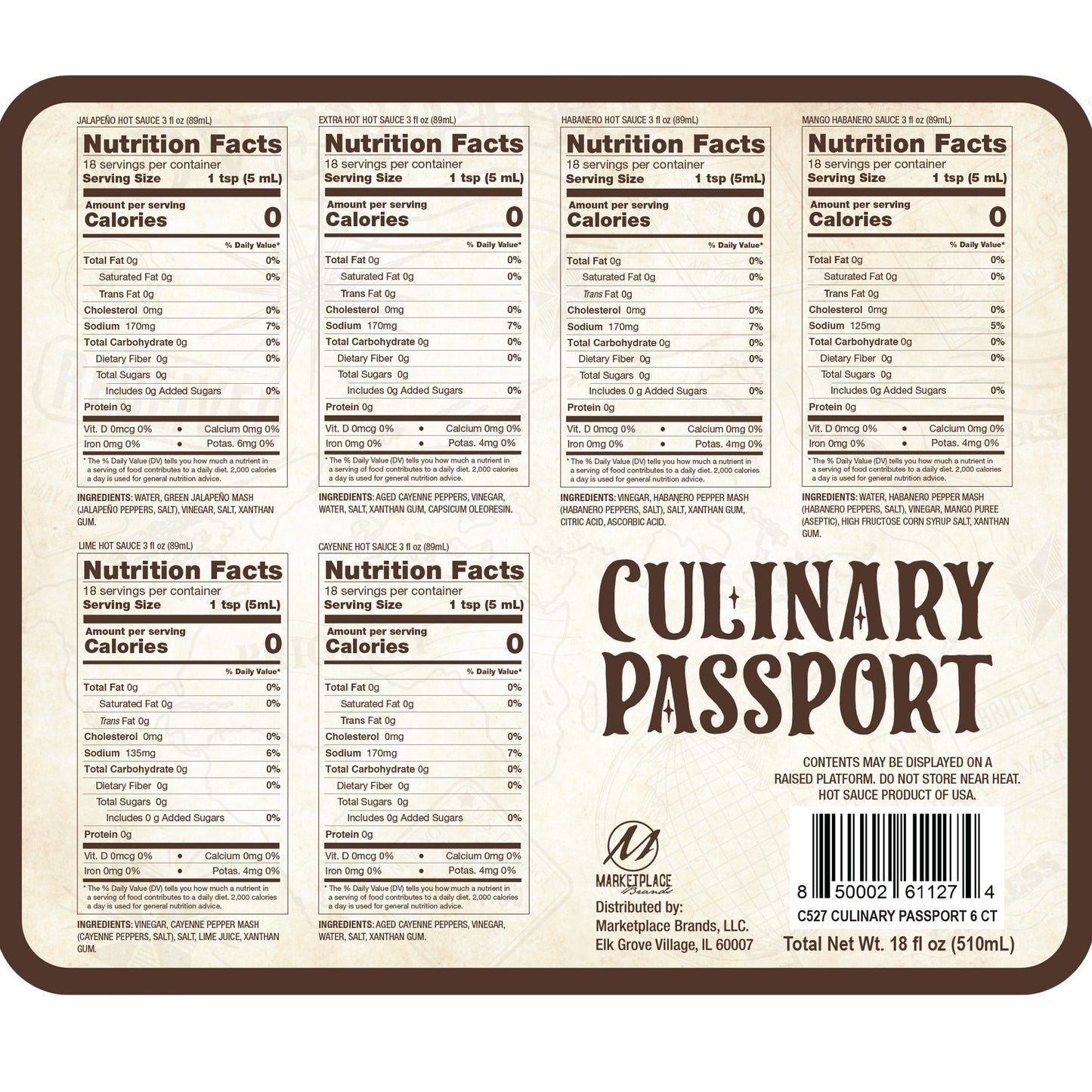 Culinary Passport Wooden Crate Hot Sauce Set of 6 Collection, 18 fl oz