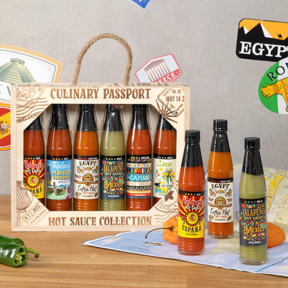 Culinary Passport Wooden Crate Hot Sauce Set of 6 Collection, 18 fl oz