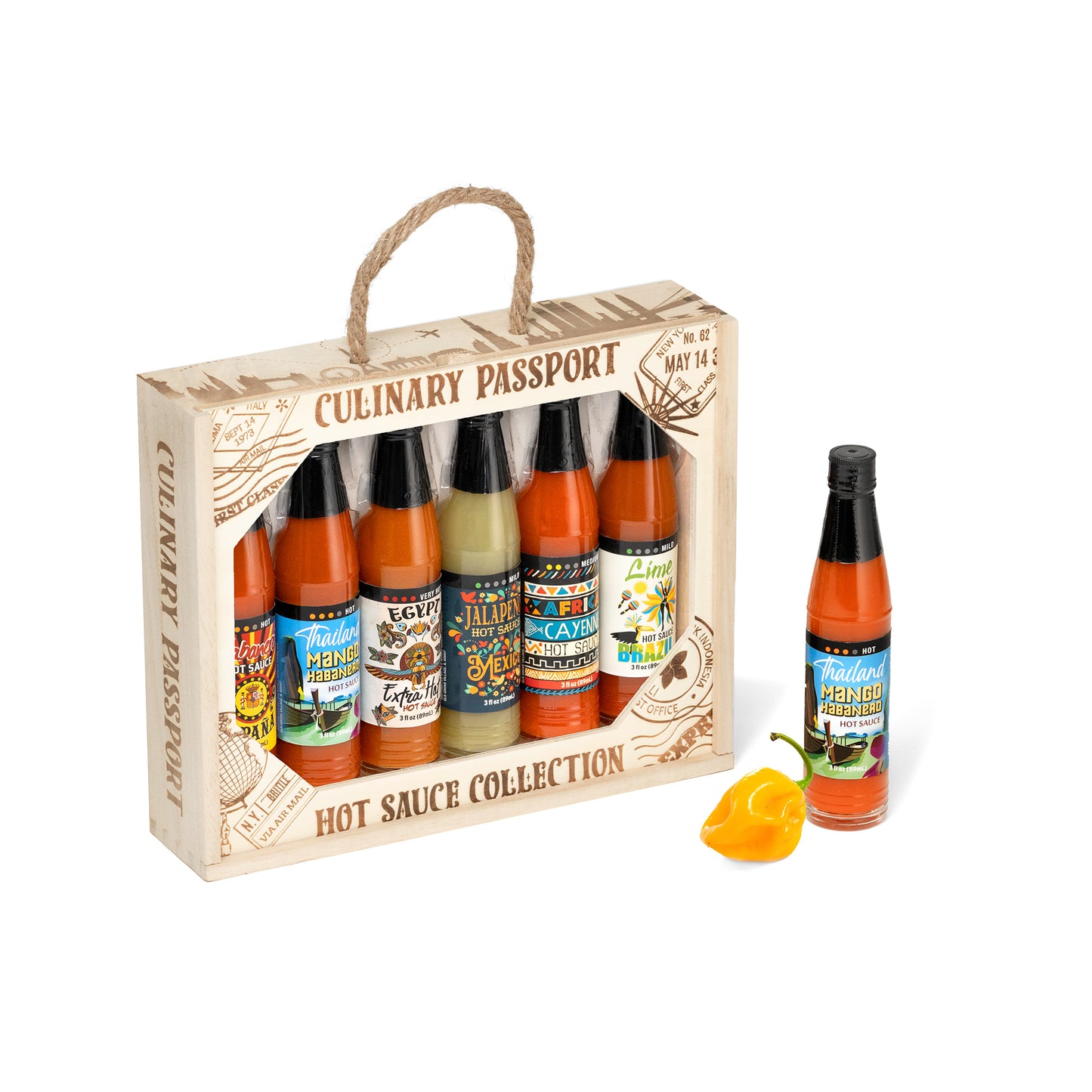 Culinary Passport Wooden Crate Hot Sauce Set of 6 Collection, 18 fl oz