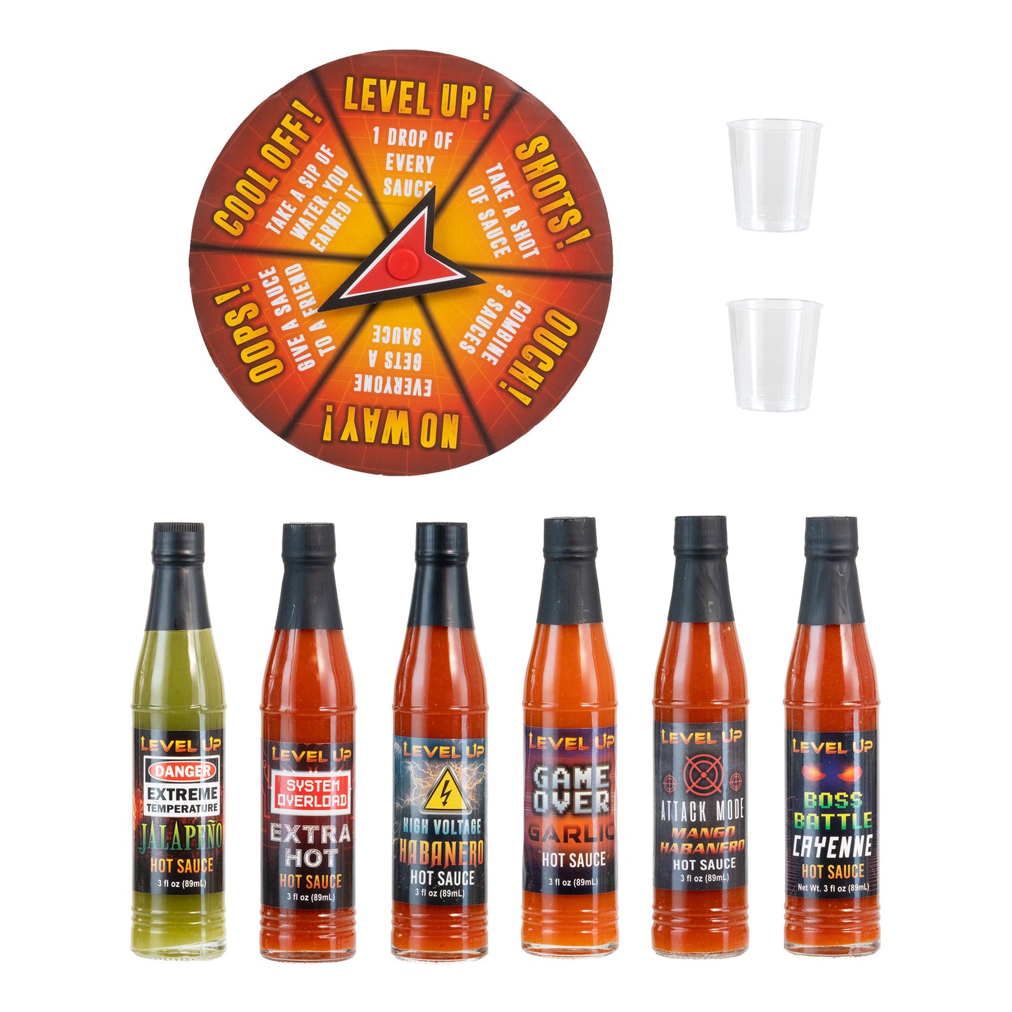 Level Up 6 Bottle Hot Sauce Challenge Game Gift Set with Spinner