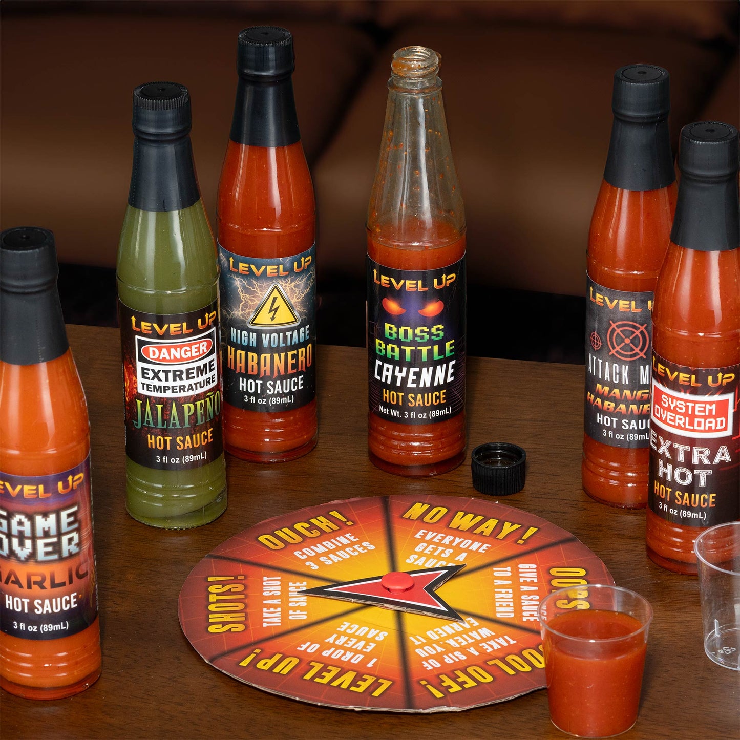 Level Up 6 Bottle Hot Sauce Challenge Game Gift Set with Spinner