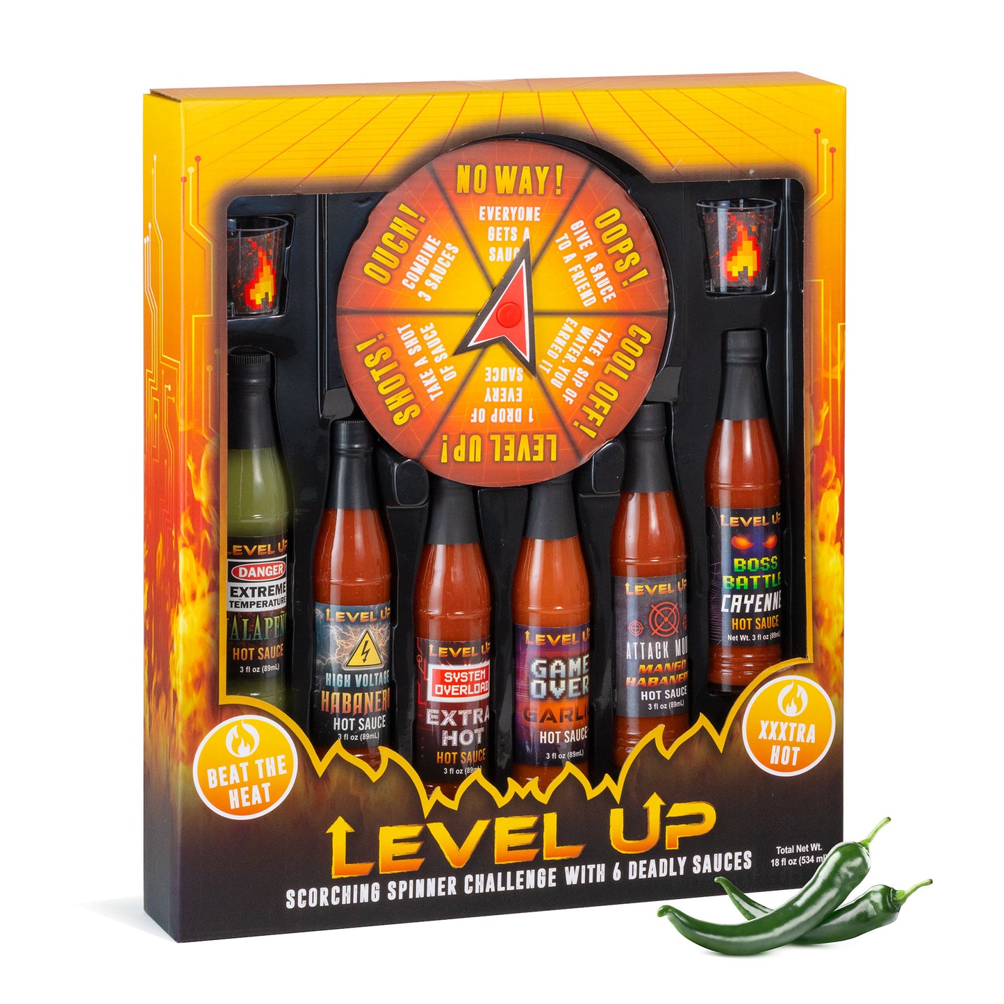 Level Up 6 Bottle Hot Sauce Challenge Game Gift Set with Spinner