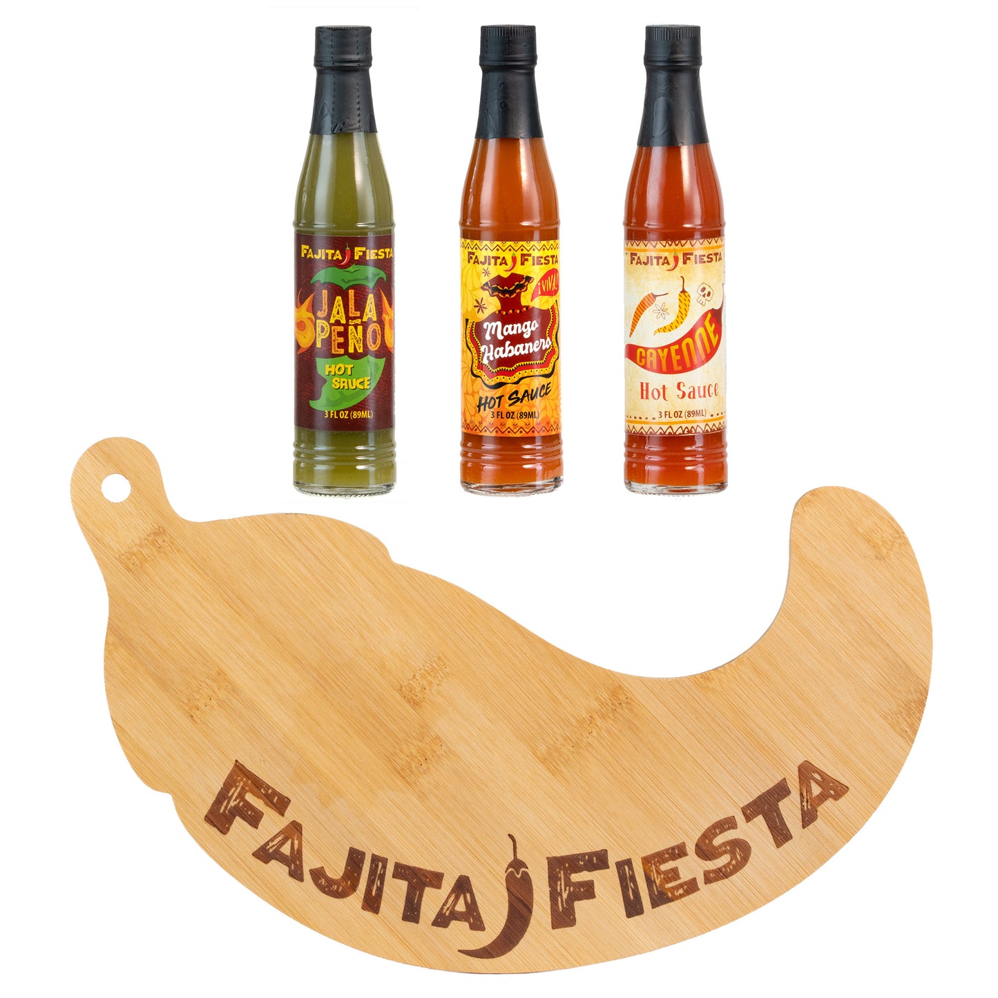 Fajita Fiesta Hot Sauce Gift Set with Wood Chopping Board