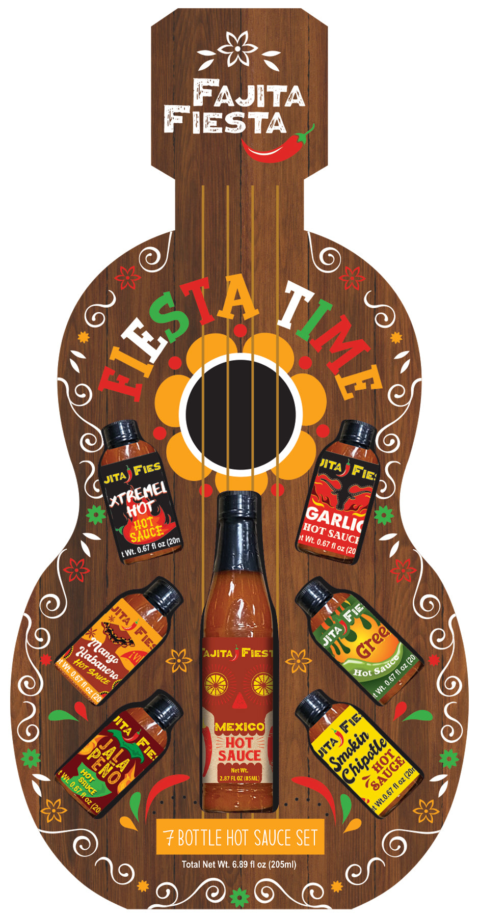 Fajita Fiesta Guitar Shape 7 Bottle Mexican Hot Sauce Set -Fiesta Time