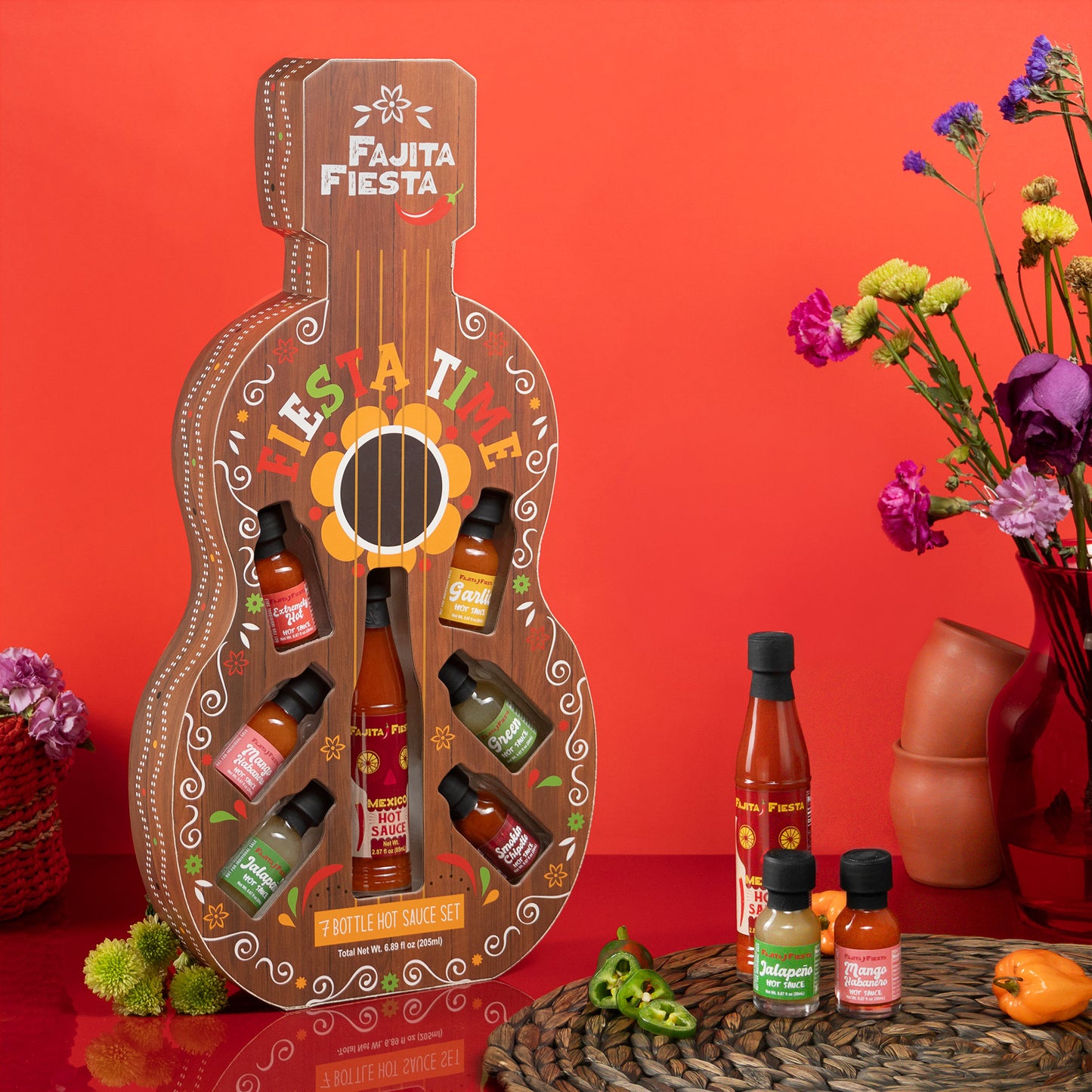 Fajita Fiesta Guitar Shape 7 Bottle Mexican Hot Sauce Set -Fiesta Time