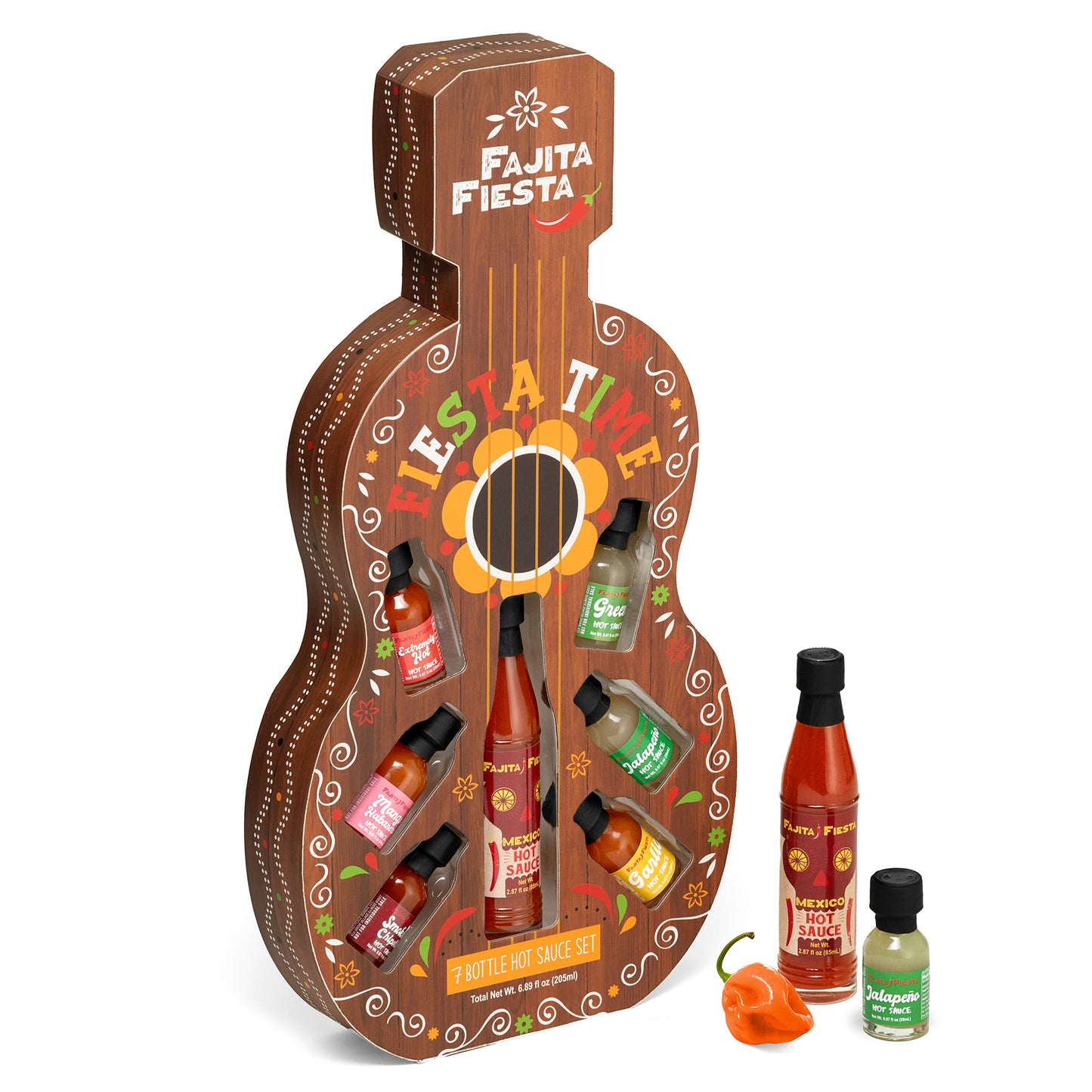 Fajita Fiesta Guitar Shape 7 Bottle Mexican Hot Sauce Set -Fiesta Time