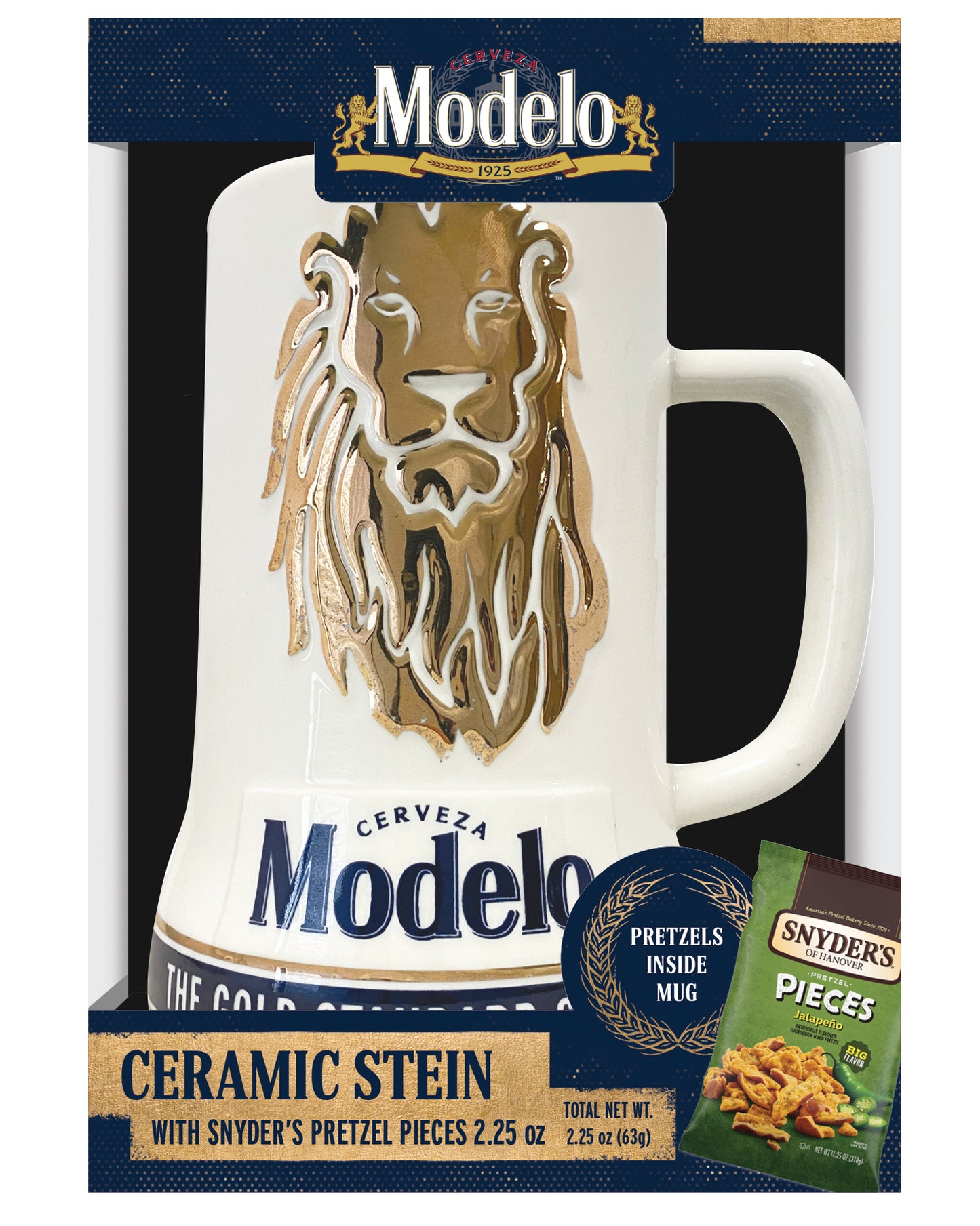 Modelo Cerveza Beer White and Gold Ceramic Stein Gift Set w/ Pretzels