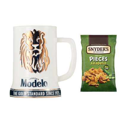 Modelo Cerveza Beer White and Gold Ceramic Stein Gift Set w/ Pretzels