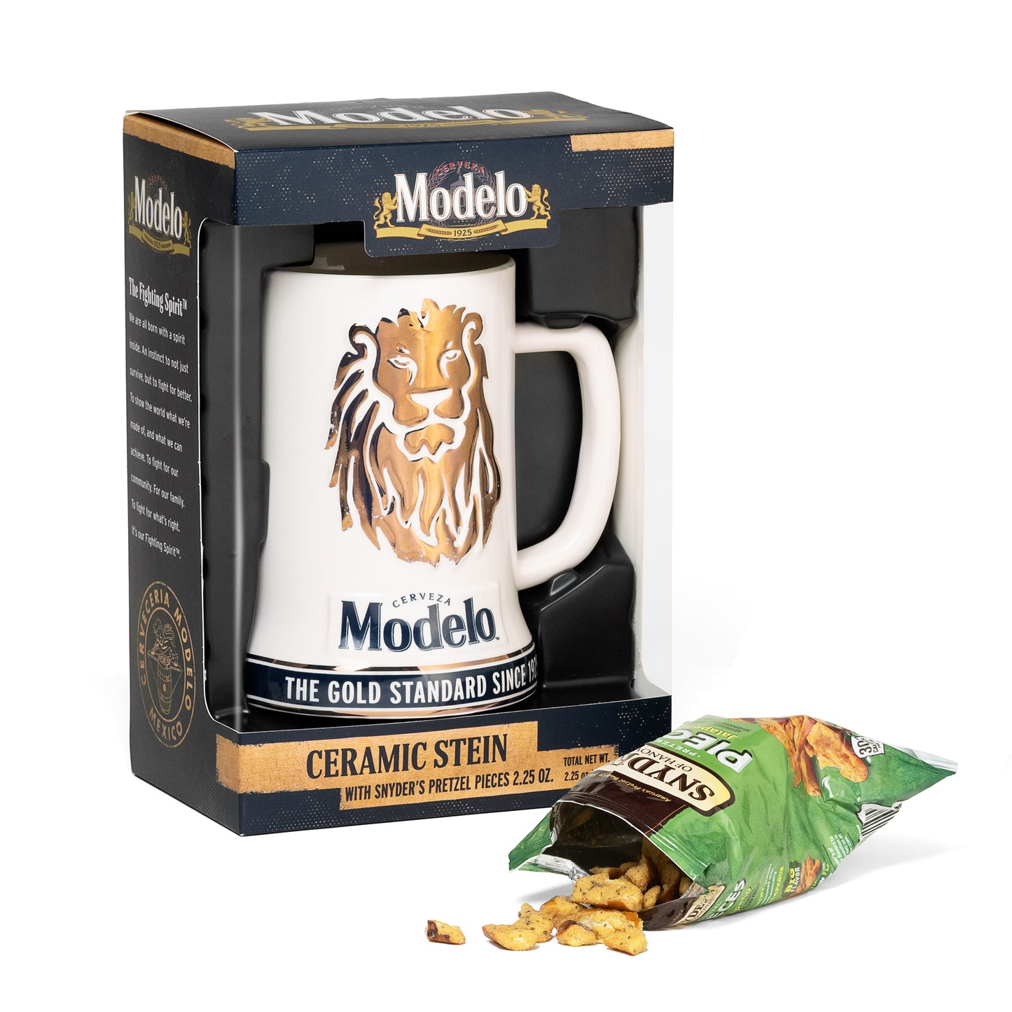 Modelo Cerveza Beer White and Gold Ceramic Stein Gift Set w/ Pretzels