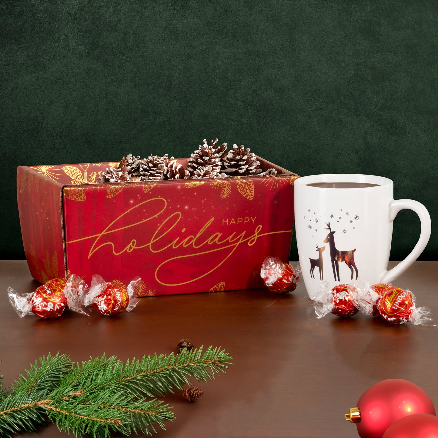 Lindt Lindor Truffle Happy Holidays Gift Basket with Coffee and Mug -Red