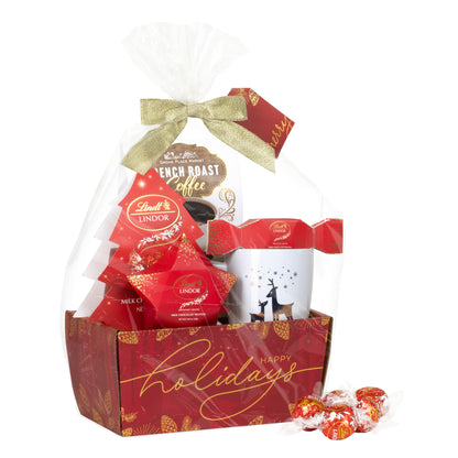 Lindt Lindor Truffle Happy Holidays Gift Basket with Coffee and Mug -Red