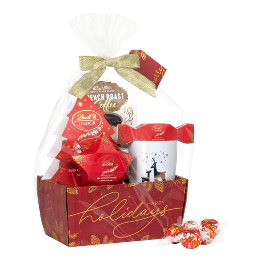 Lindt Lindor Truffle Happy Holidays Gift Basket with Coffee and Mug -Red