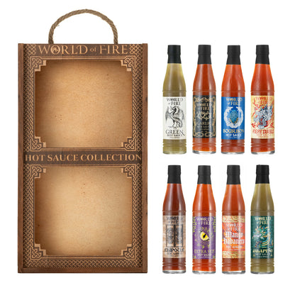 World of Fire 8 Bottle Hot Sauce Collection in Wood Crate Gift Set