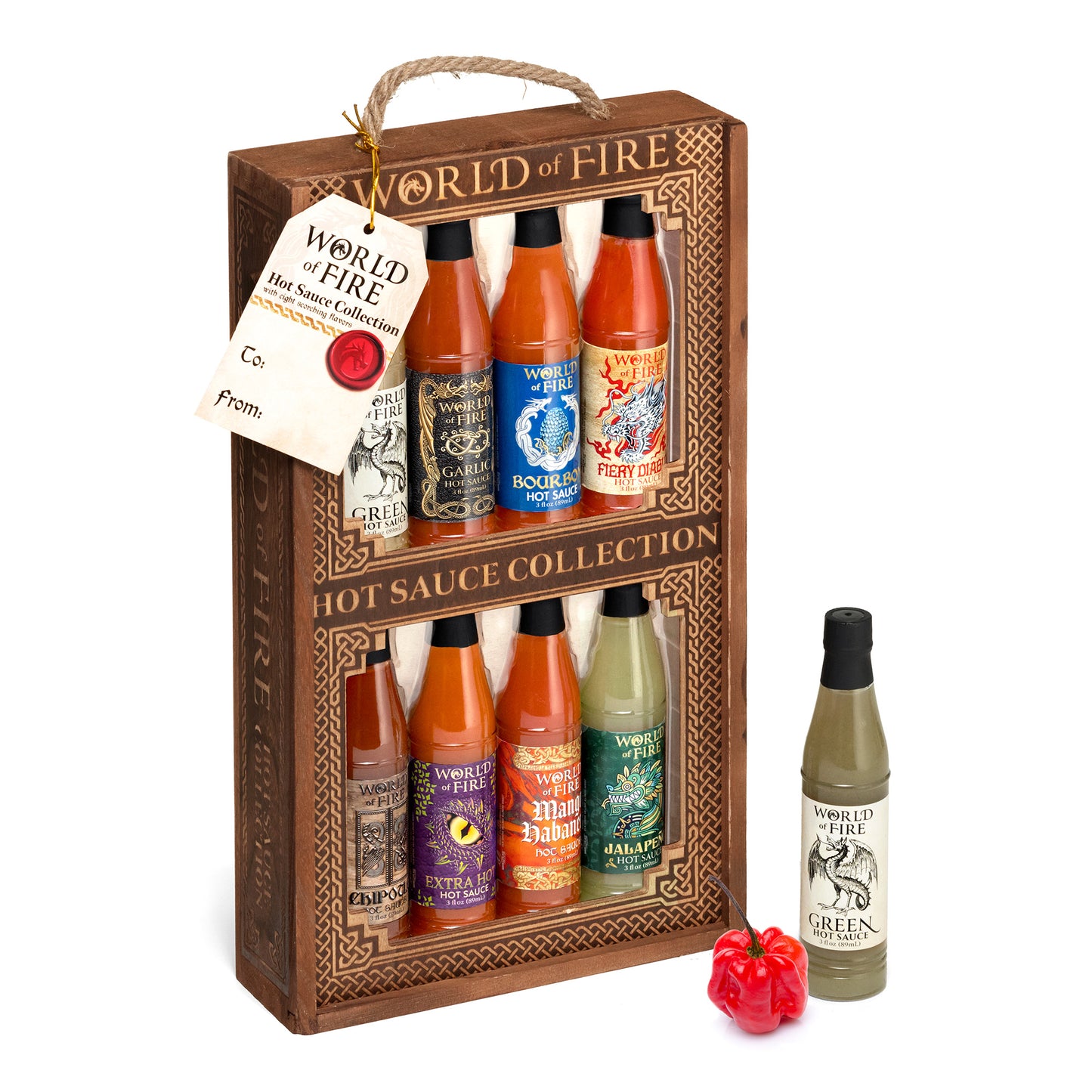 World of Fire 8 Bottle Hot Sauce Collection in Wood Crate Gift Set