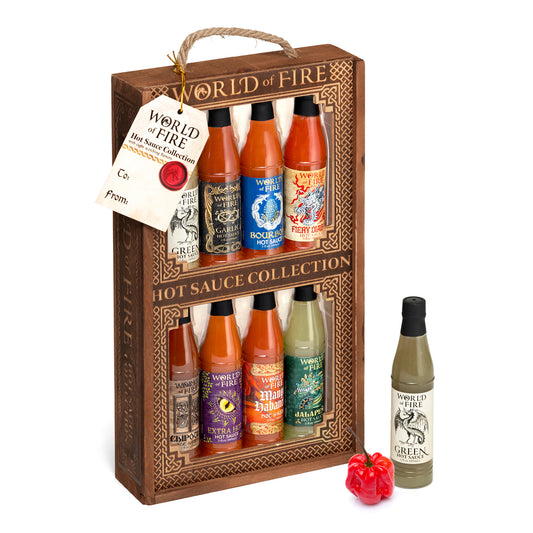 World of Fire 8 Bottle Hot Sauce Collection in Wood Crate Gift Set