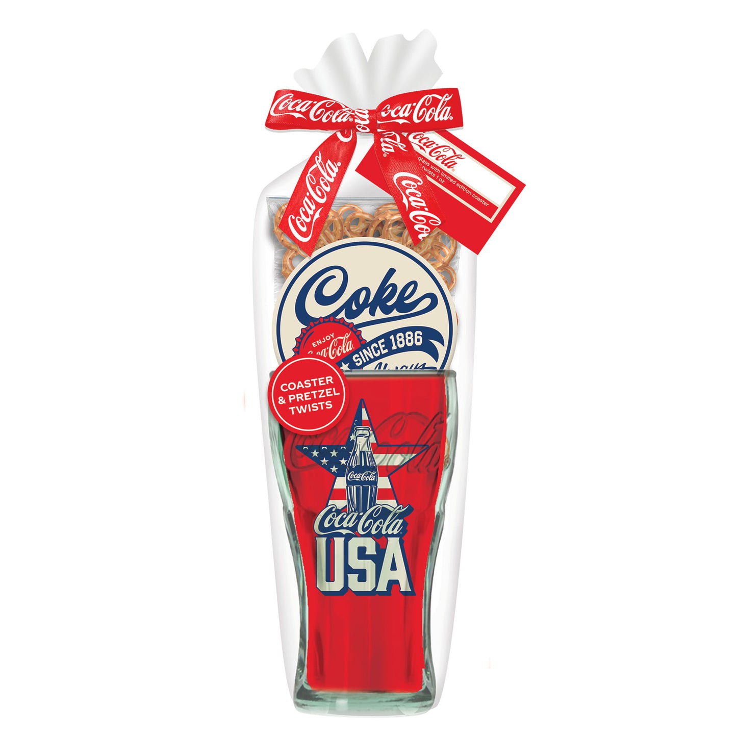 Coca Cola Genuine Drinking Glass Patriotic USA 3 pc Gift Set with Coke Coaster
