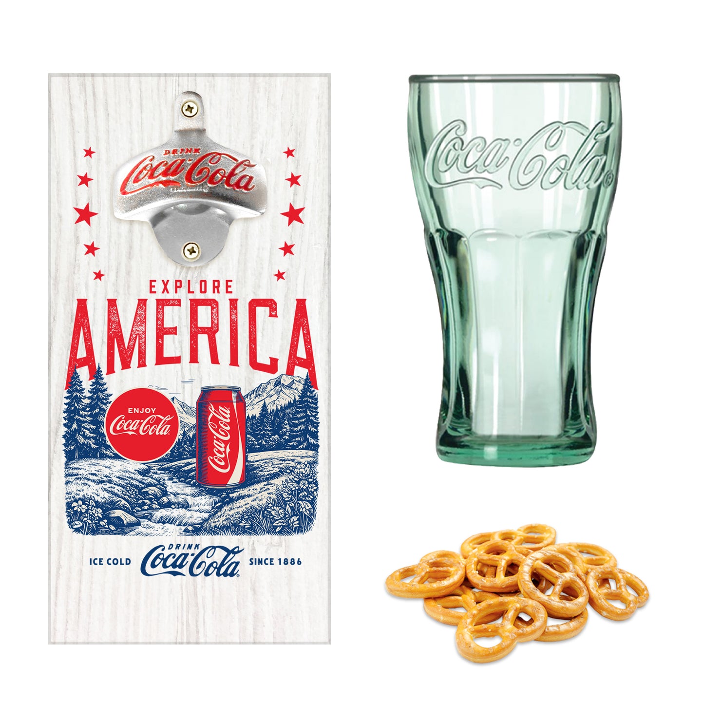 Coca Cola Wall Mounted Patriotic Bottle Opener and Drinking Glass 3 Pc Coke Gift Set