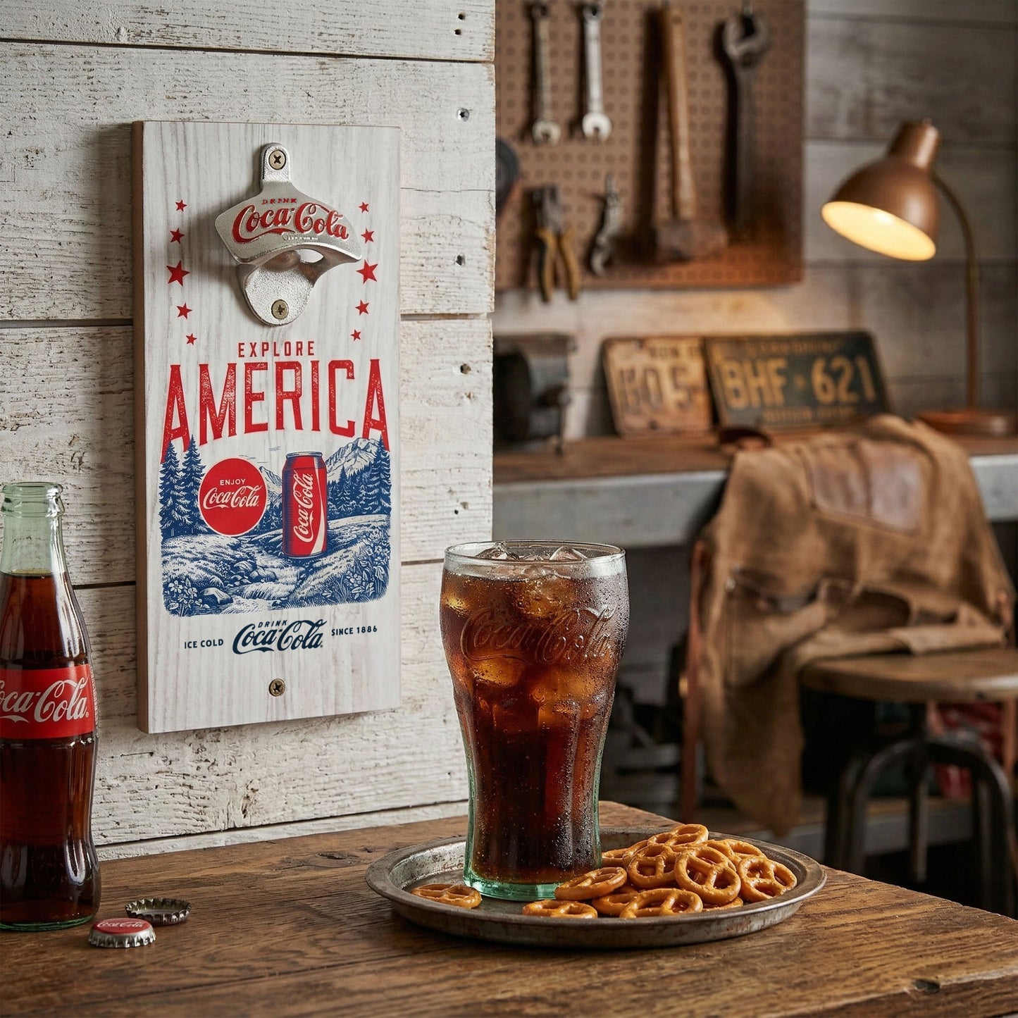 Coca Cola Wall Mounted Patriotic Bottle Opener and Drinking Glass 3 Pc Coke Gift Set