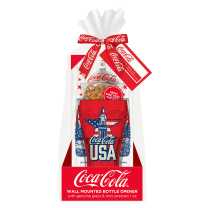 Coca Cola Wall Mounted Patriotic Bottle Opener and Drinking Glass 3 Pc Coke Gift Set