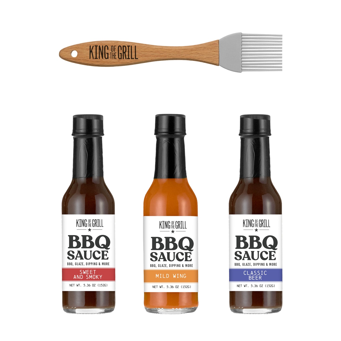 King of The Grill 3 Bottle BBQ Sauce Fathers Day Gift Set with Brush