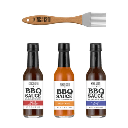 King of The Grill 3 Bottle BBQ Sauce Fathers Day Gift Set with Brush