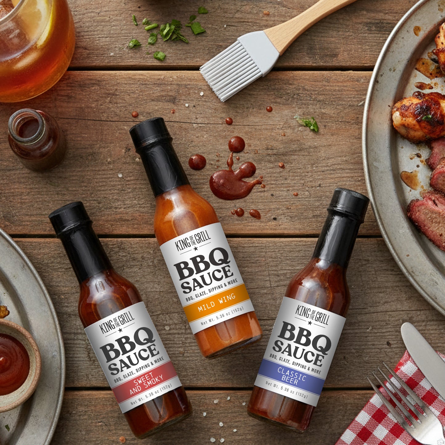 King of The Grill 3 Bottle BBQ Sauce Fathers Day Gift Set with Brush