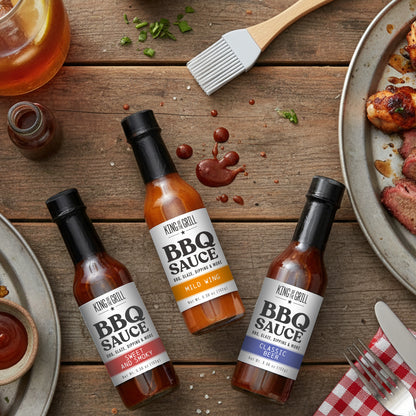 King of The Grill 3 Bottle BBQ Sauce Fathers Day Gift Set with Brush