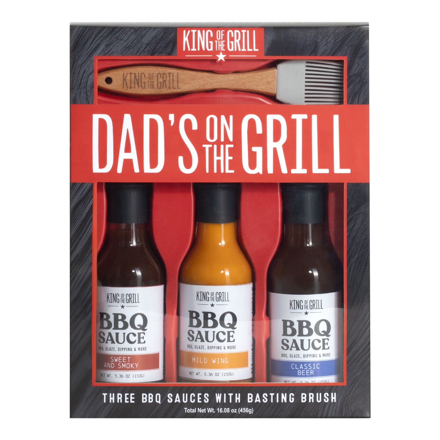 King of The Grill 3 Bottle BBQ Sauce Fathers Day Gift Set with Brush