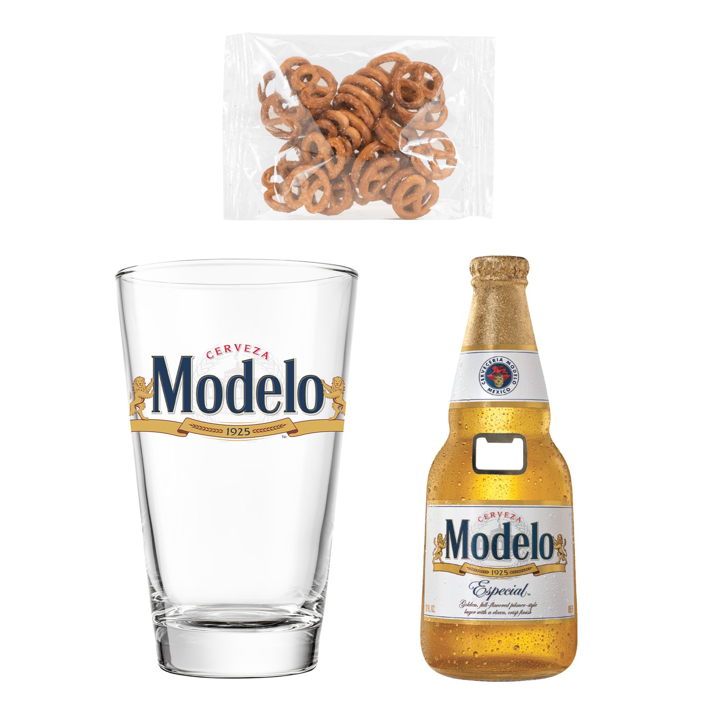 Cerveza Modelo Beer Fathers Day Pint Glass 3 pc Gift set with Bottle Opener and Pretzels