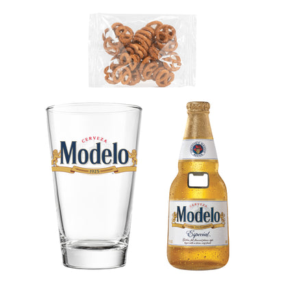 Cerveza Modelo Beer Fathers Day Pint Glass 3 pc Gift set with Bottle Opener and Pretzels