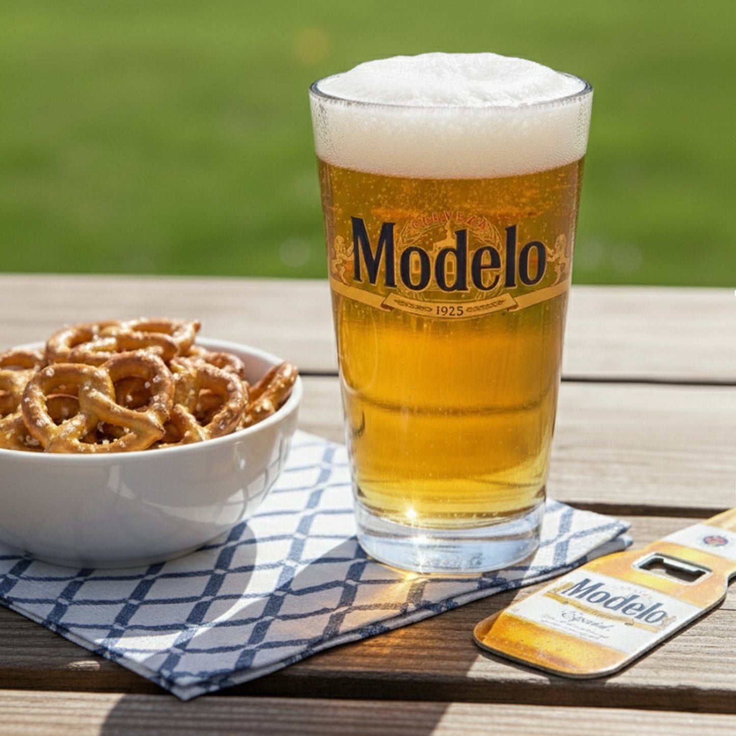 Cerveza Modelo Beer Fathers Day Pint Glass 3 pc Gift set with Bottle Opener and Pretzels