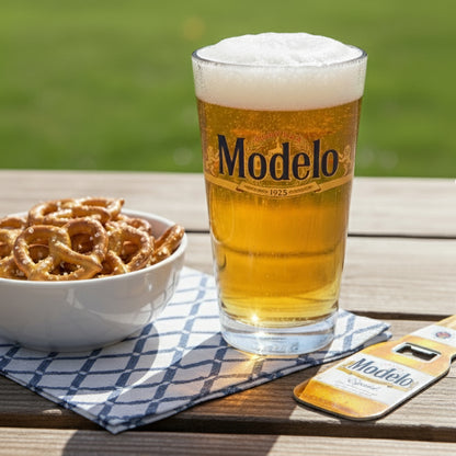 Cerveza Modelo Beer Fathers Day Pint Glass 3 pc Gift set with Bottle Opener and Pretzels