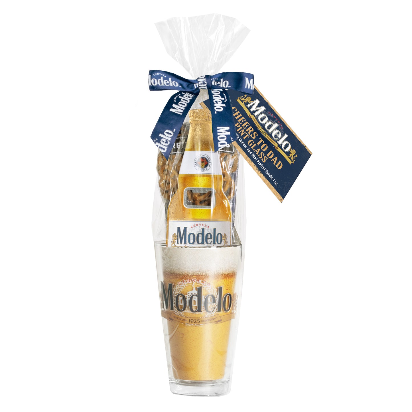 Cerveza Modelo Beer Fathers Day Pint Glass 3 pc Gift set with Bottle Opener and Pretzels