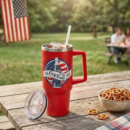 Coca Cola Patriotic USA American Flag Red Insulated Travel Tumbler Gift Set