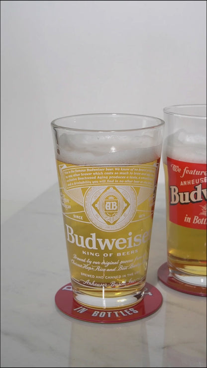 Budweiser 4 Beer Glass and Coaster Deluxe Gift Set